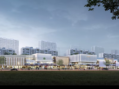 Modern Commercial Street Scene With Urban Buildings And Lively Crowds 3d model