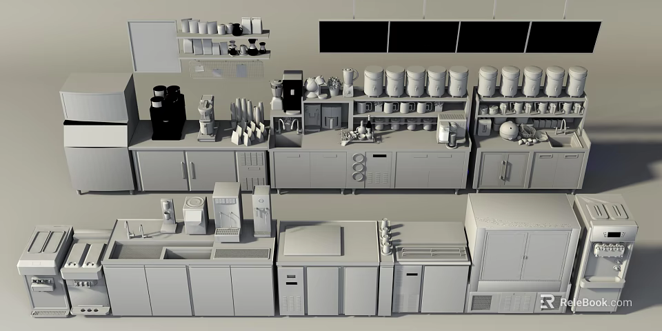 Commercial Kitchen Equipment With Modern Cabinets Shelves Worktables And Storage Solutions 3d model