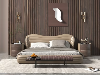 Double Bed With Wooden Wall Background White Leaf Shaped Wall Art Wall Sconces and Bench 3d model