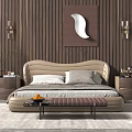 Double Bed With Wooden Wall Background White Leaf Shaped Wall Art Wall Sconces and Bench