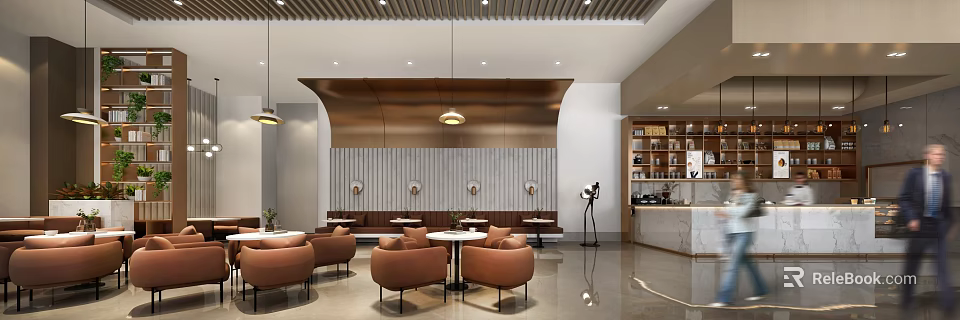 Modern Cafe Interior Design Featuring Brown Chairs Round Tables Decorative Wall And Lighting 3d model