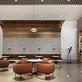 Modern Cafe Interior Design Featuring Brown Chairs Round Tables Decorative Wall And Lighting 3d model