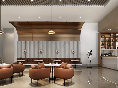 Modern Cafe Interior Design Featuring Brown Chairs Round Tables Decorative Wall And Lighting 3d model