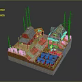Cartoon Scene With Two Small Houses Small Shed Red Car Vegetable Garden And Tall Trees