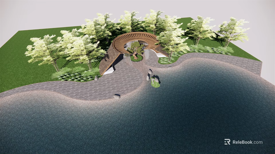 Curved Pergola Structure Surrounded by Trees Beside Water with Paved Pathway 3d model 