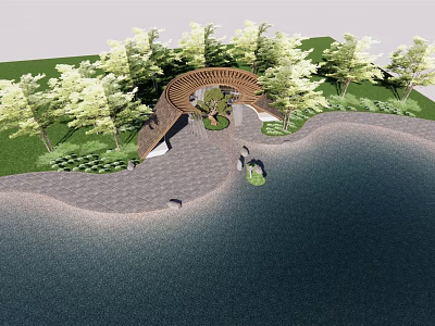 Curved Pergola Structure Surrounded by Trees Beside Water with Paved Pathway 3d model