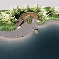 Curved Pergola Structure Surrounded by Trees Beside Water with Paved Pathway