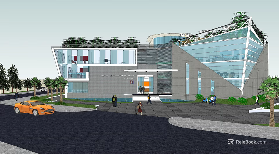 Modern Office Building With Glass Curtain Walls Green Roof Entrance Steps Pedestrians And Vehicles 3d model 