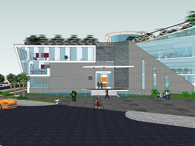 Modern Office Building With Glass Curtain Walls Green Roof Entrance Steps Pedestrians And Vehicles 3d model