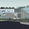 Modern Office Building With Glass Curtain Walls Green Roof Entrance Steps Pedestrians And Vehicles