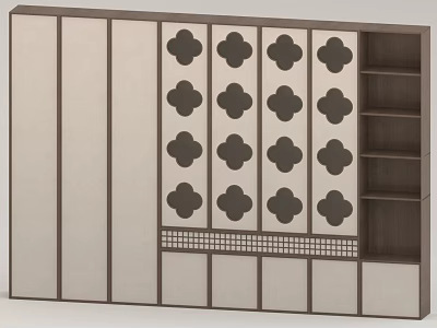 Modern Wooden Wardrobe With Floral Pattern Panels And Open Shelves Storage Design 3d model
