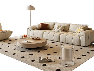 Plush Beige Sofa and Coffee Table Set With Round Table Decorative Pillows And Checkered Rug 3d model