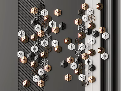 Modern Geometric Wall Decor Featuring Hexagon Shapes In Black White And Gold 3d model