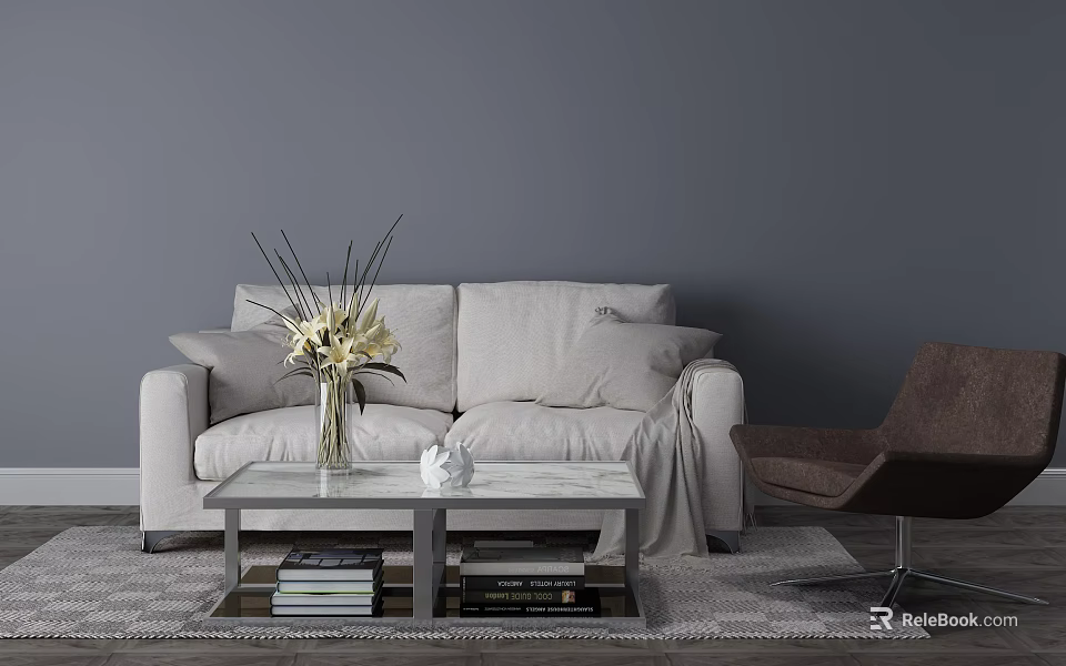 Light Gray Sofa And Coffee Table Set With Throw Pillows White Marble Top Decorative Vase 3d model