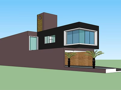 Modern Detached Villa With Large Glass Windows Wooden Entrance And Palm Trees 3d model