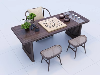 Wooden Entertainment Table with Chessboard Pieces Tea Set Small Plants and Woven Stools 3d model