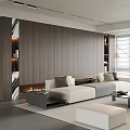 Modern Living Room Interior With Wooden Wall Fireplace Beige Sofa And Floor to Ceiling Blinds
