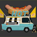 Blue And White Hot Dog Van With Large Hot Dog Model Yellow Flag And Service Sign
