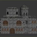 Medieval Castle Style Stone Building With Pointed Towers Arched Doors And Windows