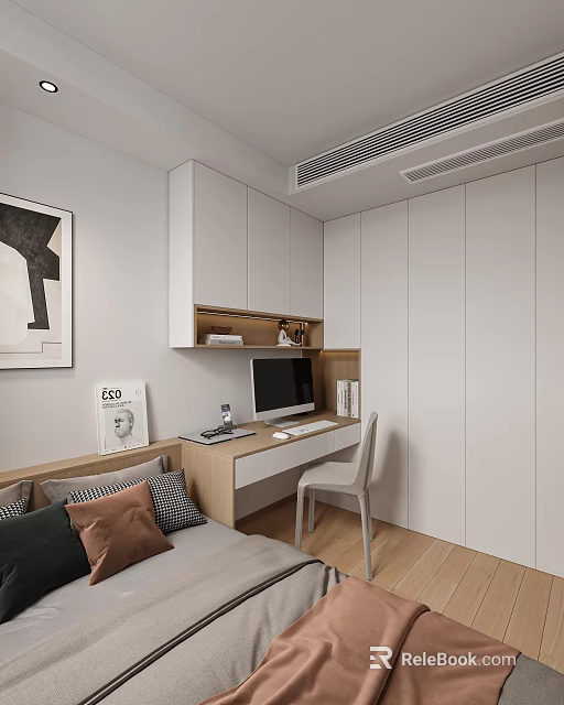 Modern Tatami Bedroom Interior Design With Tatami Bed Desk And Storage Cabinets 3d model 