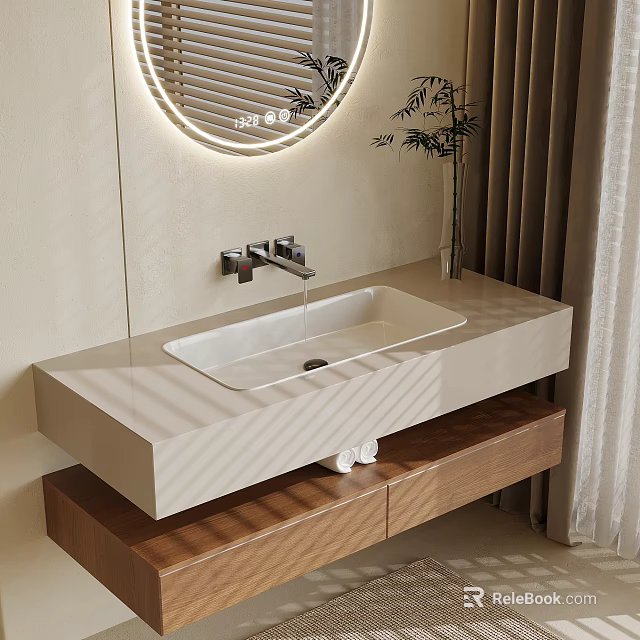 Modern Bathroom Washbasin With Light Colored Countertop Wooden Cabinet And Round Illuminated Mirror 3d model 