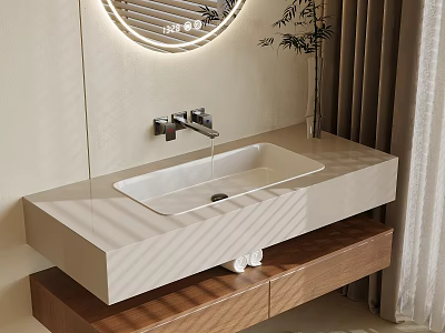 Modern Bathroom Washbasin With Light Colored Countertop Wooden Cabinet And Round Illuminated Mirror 3d model