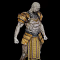 Muscular Warrior Character and Creature in Ornate Golden Silver Armor Standing Against Black Background