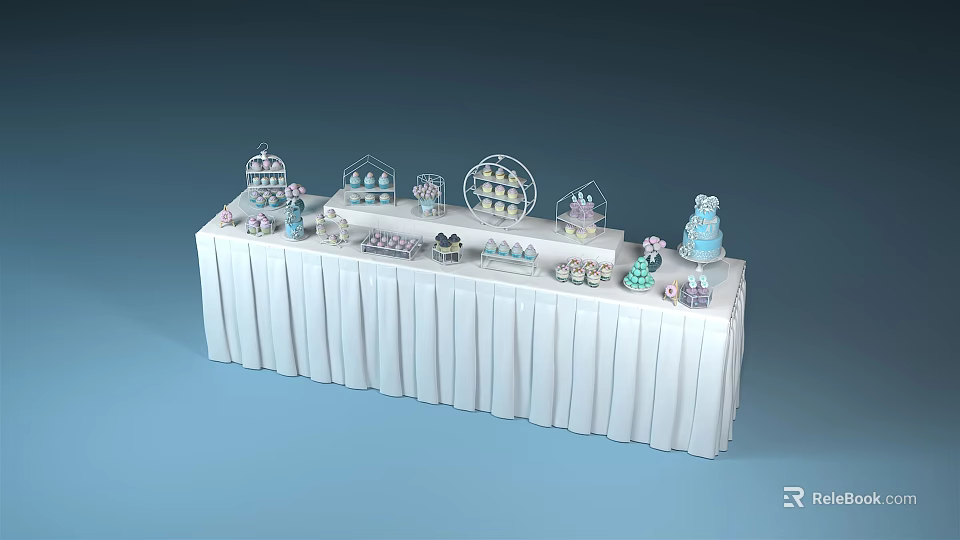 Dessert Display Shelves On White Tablecloth With Multi Tiered Cake Stands And Cookie Racks 3d model 