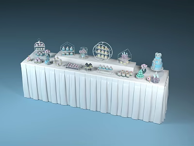 Dessert Display Shelves On White Tablecloth With Multi Tiered Cake Stands And Cookie Racks 3d model