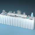Dessert Display Shelves On White Tablecloth With Multi Tiered Cake Stands And Cookie Racks