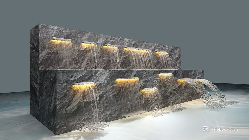 Tiered Gray Stone Waterfall Fountain with Yellow Lighting and Flowing Water 3d model 