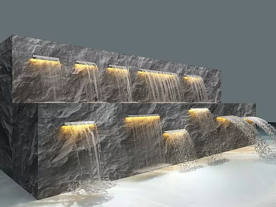 Tiered Gray Stone Waterfall Fountain with Yellow Lighting and Flowing Water 3d model