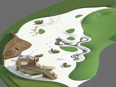 Park Landscape Design with Children's Play Area Swings Wooden Structures and Green Lawns 3d model