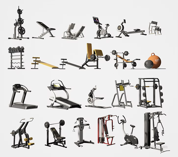 Various Types of Fitness Equipment for Home Gym Including Treadmills Dumbbells and Exercise Machines 3d model 