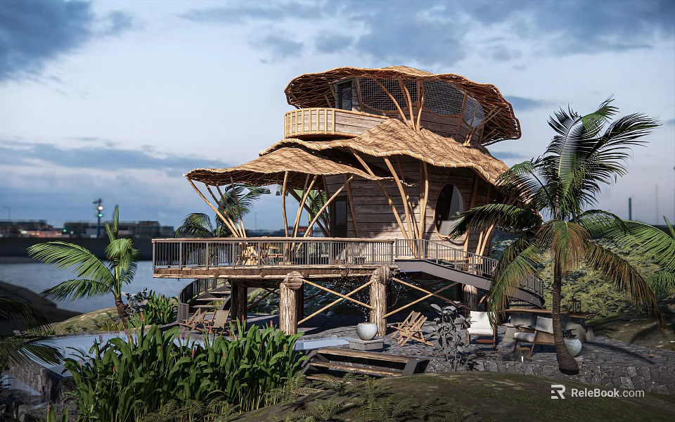Bamboo Waterfront Guesthouse With Unique Roof Design Wooden Deck And Palm Trees 3d model 