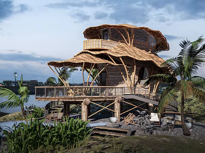 Bamboo Waterfront Guesthouse With Unique Roof Design Wooden Deck And Palm Trees 3d model