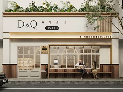 Modern Storefront Facade with Green Plants Signage Arched Windows and Studio Bench Seating 3d model