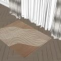 Square Carpet with Beige Brown Wavy Stripes on Wooden Floor with Bright Curtains