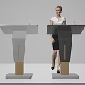 Modern Gray And Black BOSCH Podiums With Wooden Base And Woman Standing Beside