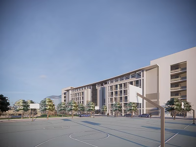 Modern School Building with Basketball Court Trees and Blue Sky Exterior View 3d model