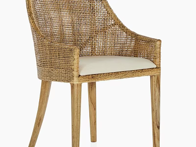 Natural Rattan Dining Chair With Wooden Legs And Cream Cushioned Seat 3d model