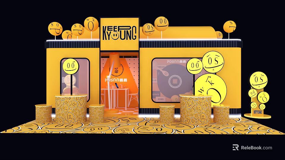 Vibrant Yellow KETONG Storefront With Circular Icons Columns And Patterned Floor 3d model 