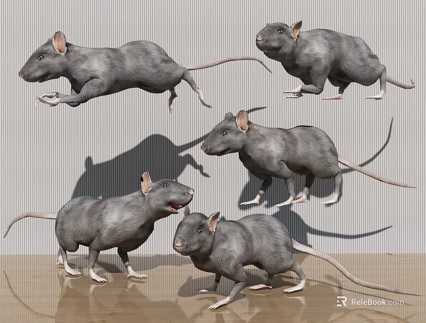 Multiple Grey Reptiles In Various Action Poses On Shaded Ground Surface 3d model 