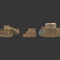 Wooden Crates and Pallets of Various Sizes Stacked in Storage Arrangement