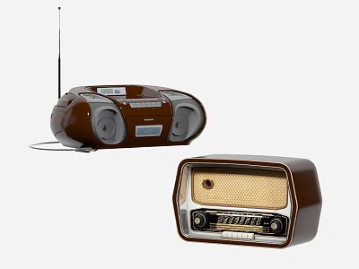 Two Brown Vintage Audio Devices With Retro Speakers Antenna And Control Knobs 3d model