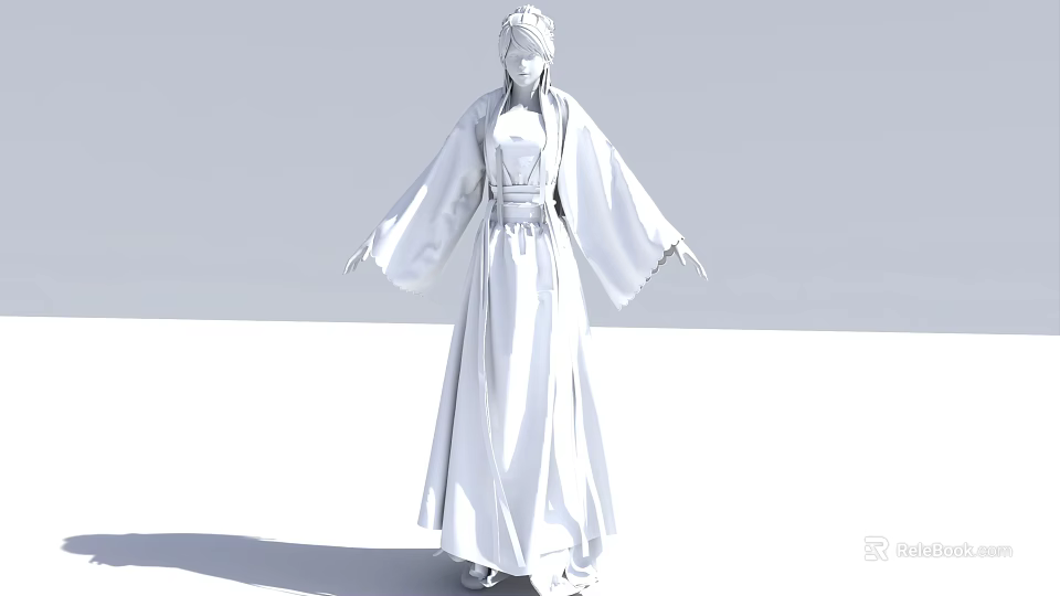 Woman In Traditional White Robe With Flowy Sleeves Long Dress And Braided Hair 3d model 