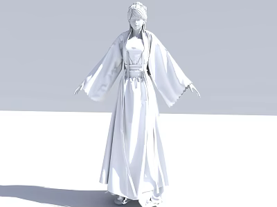 Woman In Traditional White Robe With Flowy Sleeves Long Dress And Braided Hair 3d model