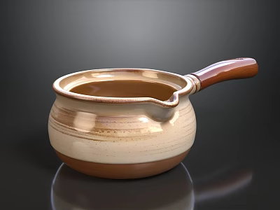 Hotpot Restaurant Traditional Clay Pot With Wooden Handle Brown And Beige Striped Design 3d model