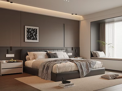 Modern Bedroom Interior Design With Large Bed Nightstands Decorative Art Window Curtains And Area Rug 3d model