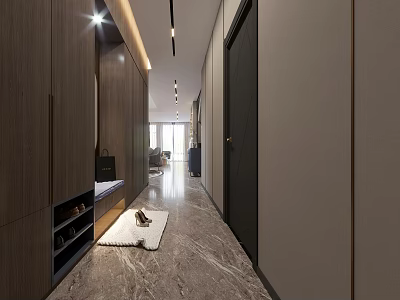 Modern Entryway Hallway Interior With Wooden Cabinets Marble Floor Shoe Rack Mirror And Pendant Lights 3d model